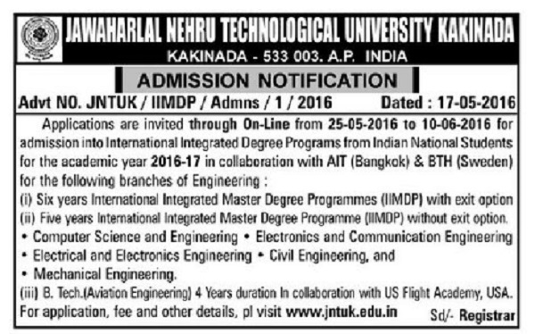 JNTUK IIMDP B.Tech Admission Notification 2016