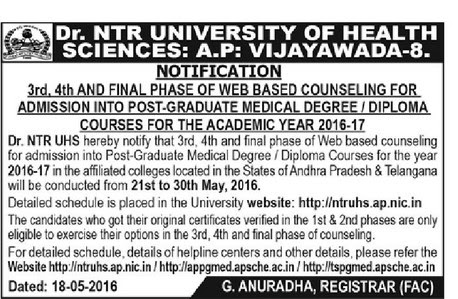 NTRUHS PGMET 2016 Final Phase Counselling Dates
