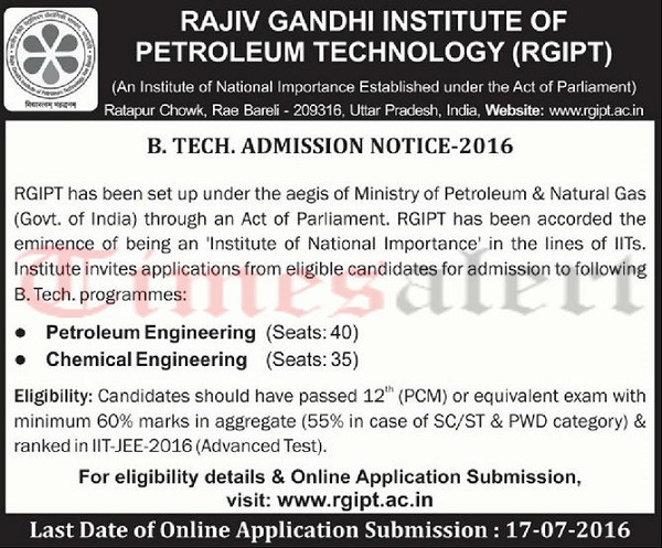 RGIPT B.Tech Admission Notification 2016