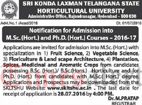 SKLTSHU M.Sc Ph.D Horticulture Notification 2016