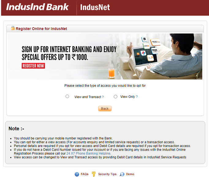 IndusInd Net Banking Registration