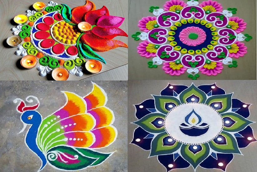 Latest Rangoli Designs With Dots, Flowers, Diyas And colours